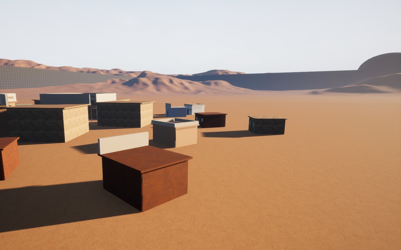 Desert rooftops and dunes beyond